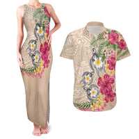 Hawaiian Tropical Flowers and Tribal Turtles Couples Matching Tank Maxi Dress and Hawaiian Shirt Polynesian Art Motifs Beige Color LT03 Beige - Polynesian Pride