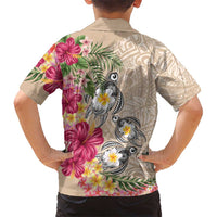 Hawaiian Tropical Flowers and Tribal Turtles Family Matching Summer Maxi Dress and Hawaiian Shirt Polynesian Art Motifs Beige Color LT03 - Polynesian Pride