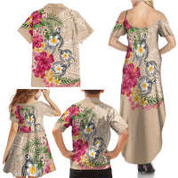 Hawaiian Tropical Flowers and Tribal Turtles Family Matching Summer Maxi Dress and Hawaiian Shirt Polynesian Art Motifs Beige Color LT03 - Polynesian Pride