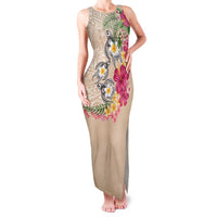 Hawaiian Tropical Flowers and Tribal Turtles Family Matching Tank Maxi Dress and Hawaiian Shirt Polynesian Art Motifs Beige Color LT03 Mom's Dress Beige - Polynesian Pride