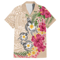 Hawaiian Tropical Flowers and Tribal Turtles Hawaiian Shirt Polynesian Art Motifs Beige Color LT03 Beige - Polynesian Pride