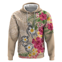 Hawaiian Tropical Flowers and Tribal Turtles Hoodie Polynesian Art Motifs Beige Color LT03 Pullover Hoodie Beige - Polynesian Pride