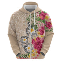 Hawaiian Tropical Flowers and Tribal Turtles Hoodie Polynesian Art Motifs Beige Color LT03 - Polynesian Pride