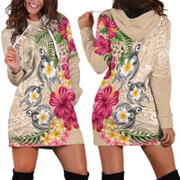 Hawaiian Tropical Flowers and Tribal Turtles Hoodie Dress Polynesian Art Motifs Beige Color LT03 - Polynesian Pride