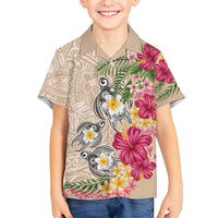 Hawaiian Tropical Flowers and Tribal Turtles Kid Hawaiian Shirt Polynesian Art Motifs Beige Color LT03 Kid Beige - Polynesian Pride