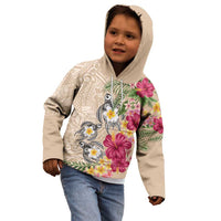 Hawaiian Tropical Flowers and Tribal Turtles Kid Hoodie Polynesian Art Motifs Beige Color LT03 - Polynesian Pride