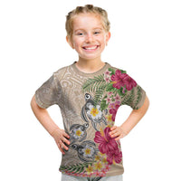 Hawaiian Tropical Flowers and Tribal Turtles Kid T Shirt Polynesian Art Motifs Beige Color LT03 Beige - Polynesian Pride