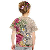 Hawaiian Tropical Flowers and Tribal Turtles Kid T Shirt Polynesian Art Motifs Beige Color LT03 - Polynesian Pride