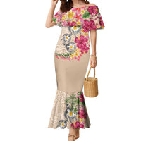 Hawaiian Tropical Flowers and Tribal Turtles Mermaid Dress Polynesian Art Motifs Beige Color LT03 Women Beige - Polynesian Pride