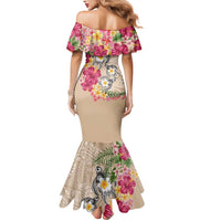 Hawaiian Tropical Flowers and Tribal Turtles Mermaid Dress Polynesian Art Motifs Beige Color LT03 - Polynesian Pride