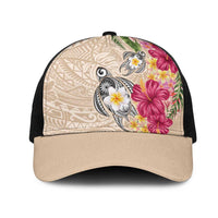 Hawaiian Tropical Flowers and Tribal Turtles Mesh Trucker Cap Polynesian Art Motifs Beige Color - Polynesian Pride
