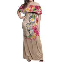 Hawaiian Tropical Flowers and Tribal Turtles Off Shoulder Maxi Dress Polynesian Art Motifs Beige Color LT03 Women Beige - Polynesian Pride