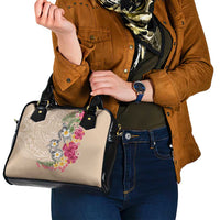 Hawaiian Tropical Flowers and Tribal Turtles Shoulder Handbag Polynesian Art Motifs Beige Color - Polynesian Pride