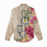 Hawaiian Tropical Flowers and Tribal Turtles Women Casual Shirt Polynesian Art Motifs Beige Color LT03 - Polynesian Pride