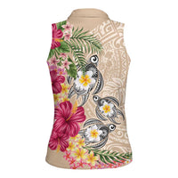Hawaiian Tropical Flowers and Tribal Turtles Women Sleeveless Polo Shirt Polynesian Art Motifs Beige Color LT03 - Polynesian Pride