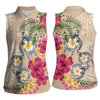 Hawaiian Tropical Flowers and Tribal Turtles Women Sleeveless Polo Shirt Polynesian Art Motifs Beige Color LT03 - Polynesian Pride
