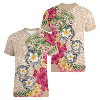 Hawaiian Tropical Flowers and Tribal Turtles Women V-Neck T-Shirt Polynesian Art Motifs Beige Color LT03 - Polynesian Pride