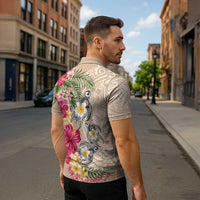 Hawaiian Tropical Flowers and Tribal Turtles Zipper Polo Shirt Polynesian Art Motifs Beige Color LT03 - Polynesian Pride