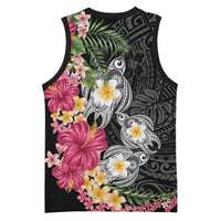 Hawaiian Tropical Flowers and Tribal Turtles Basketball Jersey Polynesian Art Motifs Black Color LT03 - Polynesian Pride