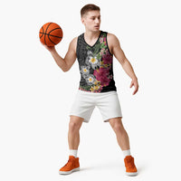 Hawaiian Tropical Flowers and Tribal Turtles Basketball Jersey Polynesian Art Motifs Black Color LT03 - Polynesian Pride