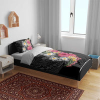 Hawaiian Tropical Flowers and Tribal Turtles Bedding Set Polynesian Art Motifs Black Color - Polynesian Pride
