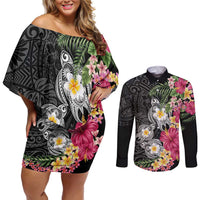 Hawaiian Tropical Flowers and Tribal Turtles Couples Matching Off Shoulder Short Dress and Long Sleeve Button Shirt Polynesian Art Motifs Black Color LT03 Black - Polynesian Pride