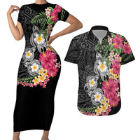 Hawaiian Tropical Flowers and Tribal Turtles Couples Matching Short Sleeve Bodycon Dress and Hawaiian Shirt Polynesian Art Motifs Black Color LT03 Black - Polynesian Pride