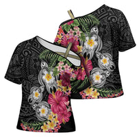 Hawaiian Tropical Flowers and Tribal Turtles Cross Shoulder Shirt Polynesian Art Motifs Black Color LT03 - Polynesian Pride