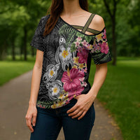 Hawaiian Tropical Flowers and Tribal Turtles Cross Shoulder Shirt Polynesian Art Motifs Black Color LT03 - Polynesian Pride