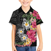 Hawaiian Tropical Flowers and Tribal Turtles Family Matching Off The Shoulder Long Sleeve Dress and Hawaiian Shirt Polynesian Art Motifs Black Color LT03 Son's Shirt Black - Polynesian Pride
