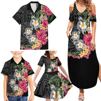 Hawaiian Tropical Flowers and Tribal Turtles Family Matching Summer Maxi Dress and Hawaiian Shirt Polynesian Art Motifs Black Color LT03 - Polynesian Pride