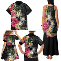 Hawaiian Tropical Flowers and Tribal Turtles Family Matching Tank Maxi Dress and Hawaiian Shirt Polynesian Art Motifs Black Color LT03 - Polynesian Pride