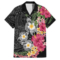 Hawaiian Tropical Flowers and Tribal Turtles Family Matching Tank Maxi Dress and Hawaiian Shirt Polynesian Art Motifs Black Color LT03 Dad's Shirt - Short Sleeve Black - Polynesian Pride