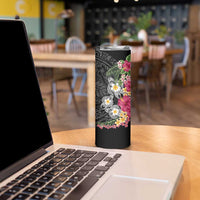 Hawaiian Tropical Flowers and Tribal Turtles Skinny Tumbler Polynesian Art Motifs Black Color LT03 - Polynesian Pride