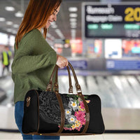 Hawaiian Tropical Flowers and Tribal Turtles Travel Bag Polynesian Art Motifs Black Color LT03 - Polynesian Pride