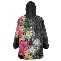 Hawaiian Tropical Flowers and Tribal Turtles Wearable Blanket Hoodie Polynesian Art Motifs Black Color LT03 - Polynesian Pride
