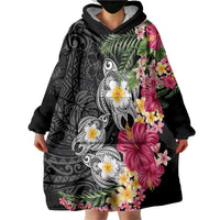 Hawaiian Tropical Flowers and Tribal Turtles Wearable Blanket Hoodie Polynesian Art Motifs Black Color LT03 - Polynesian Pride
