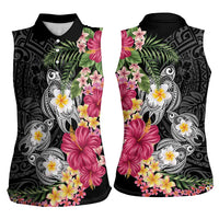 Hawaiian Tropical Flowers and Tribal Turtles Women Sleeveless Polo Shirt Polynesian Art Motifs Black Color LT03 - Polynesian Pride