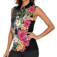 Hawaiian Tropical Flowers and Tribal Turtles Women Sleeveless Polo Shirt Polynesian Art Motifs Black Color LT03 - Polynesian Pride