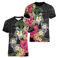 Hawaiian Tropical Flowers and Tribal Turtles Women V-Neck T-Shirt Polynesian Art Motifs Black Color LT03 - Polynesian Pride
