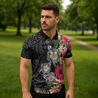 Hawaiian Tropical Flowers and Tribal Turtles Zipper Polo Shirt Polynesian Art Motifs Black Color LT03 - Polynesian Pride
