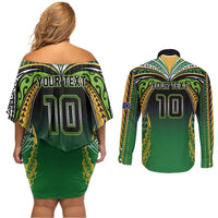 Custom Cook Islands Rugby League Couples Matching Off Shoulder Short Dress and Long Sleeve Button Shirt Avaiki Tatau Tribal Motifs Black Color LT03 - Polynesian Pride