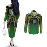Custom Cook Islands Rugby League Couples Matching Off The Shoulder Long Sleeve Dress and Long Sleeve Button Shirt Avaiki Tatau Tribal Motifs Black Color LT03 - Polynesian Pride