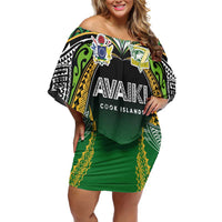 Custom Cook Islands Rugby League Off Shoulder Short Dress Avaiki Tatau Tribal Motifs Black Color LT03 Women Black - Polynesian Pride