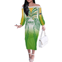Custom Cook Islands Rugby League Family Matching Off The Shoulder Long Sleeve Dress and Hawaiian Shirt Avaiki Tatau Tribal Motifs White Color LT03 Mom's Dress White - Polynesian Pride