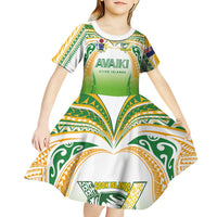 Custom Cook Islands Rugby League Kid Short Sleeve Dress Avaiki Tatau Tribal Motifs White Color LT03 - Polynesian Pride
