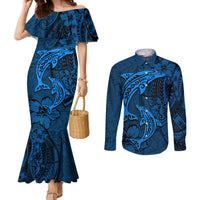 Polynesian Dolphin Valentine Day Couples Matching Mermaid Dress and Long Sleeve Button Shirt Hibiscus and Tribal Tattoo Blue Style LT03 Blue - Polynesian Pride