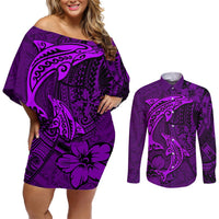 Polynesian Dolphin Valentine Day Couples Matching Off Shoulder Short Dress and Long Sleeve Button Shirt Hibiscus and Tribal Tattoo Purple Style LT03 Purple - Polynesian Pride