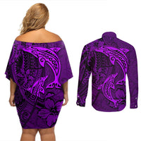 Polynesian Dolphin Valentine Day Couples Matching Off Shoulder Short Dress and Long Sleeve Button Shirt Hibiscus and Tribal Tattoo Purple Style LT03 - Polynesian Pride