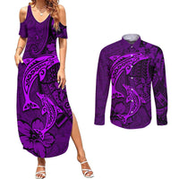 Polynesian Dolphin Valentine Day Couples Matching Summer Maxi Dress and Long Sleeve Button Shirt Hibiscus and Tribal Tattoo Purple Style LT03 Purple - Polynesian Pride